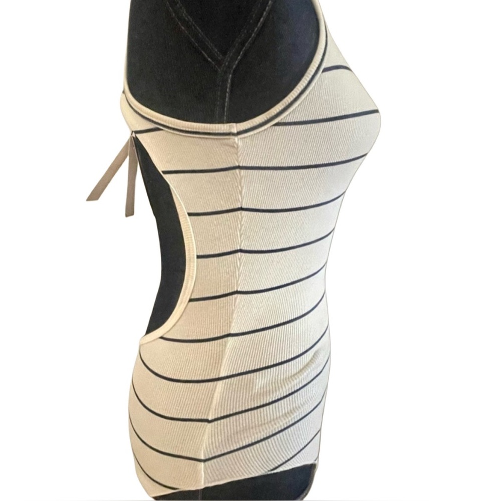 LNA Backless Striped Bodysuit Medium Cream Navy Ribbed Tank Sexy Open Back Top - Picture 7 of 9